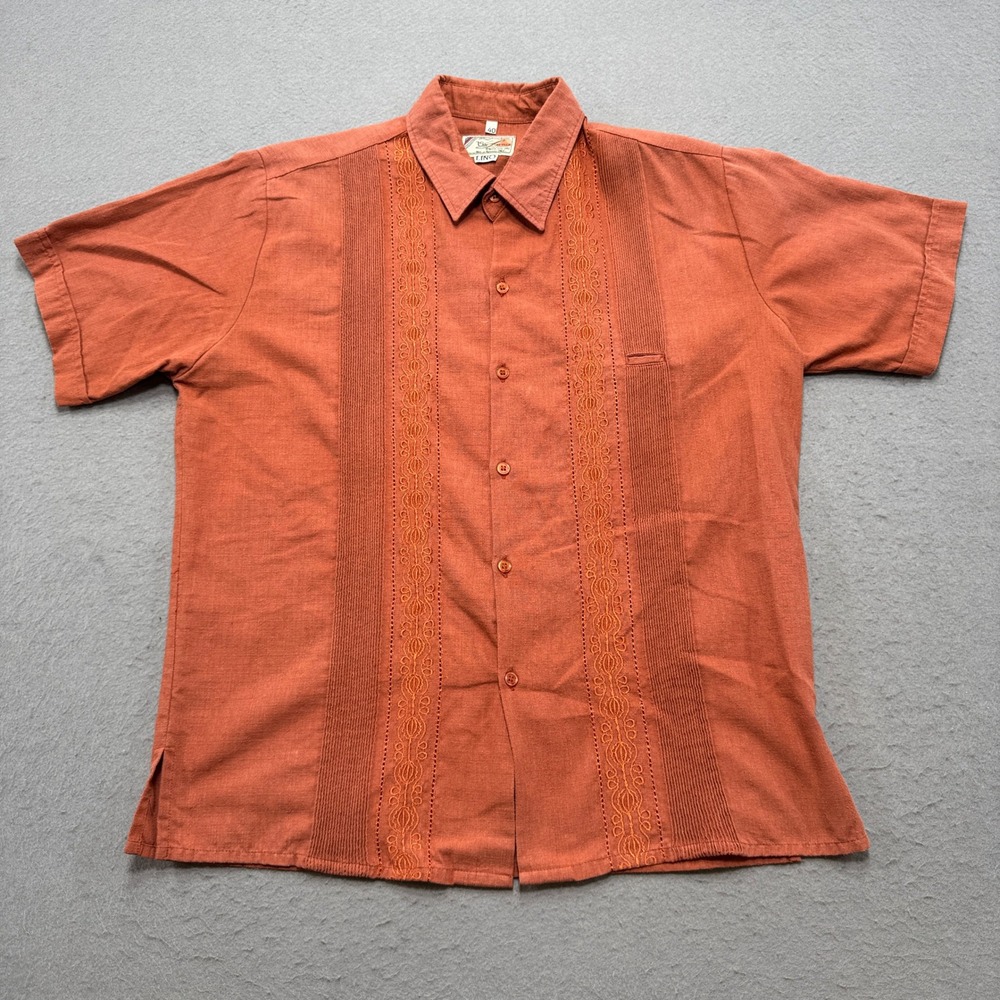 Linen Guayabera Shirt Men's 40 Orange Short Sleeve San Lorenzo Vintage Mexico